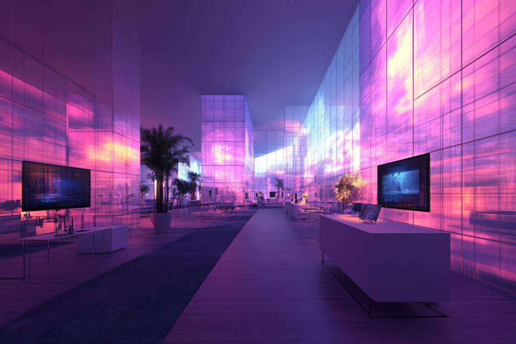 a modern, futuristic interior showcasing vibrant colors, sleek design, and advanced technology, creating an immersive and visually striking atmosphere.